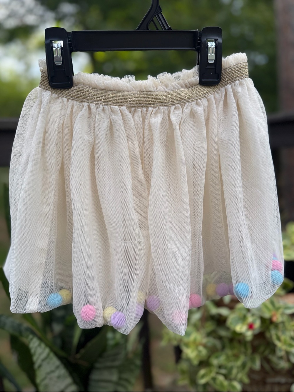 Party Girl • Girls Cream Tulle Pom-Pom Skirt • 5T